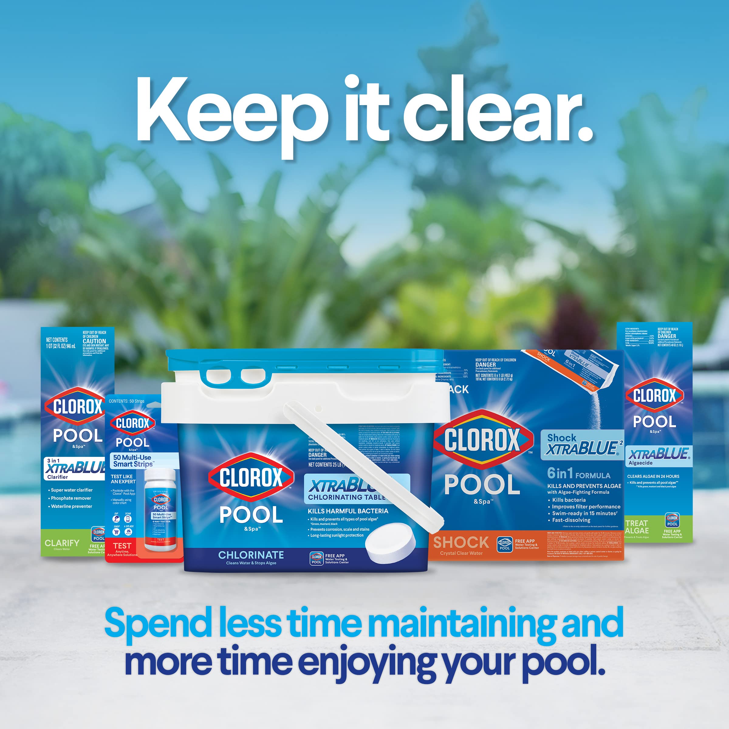 CLOROX Pool&Spa 6 lb tub next to hand for scale demonstrating compact, convenient size