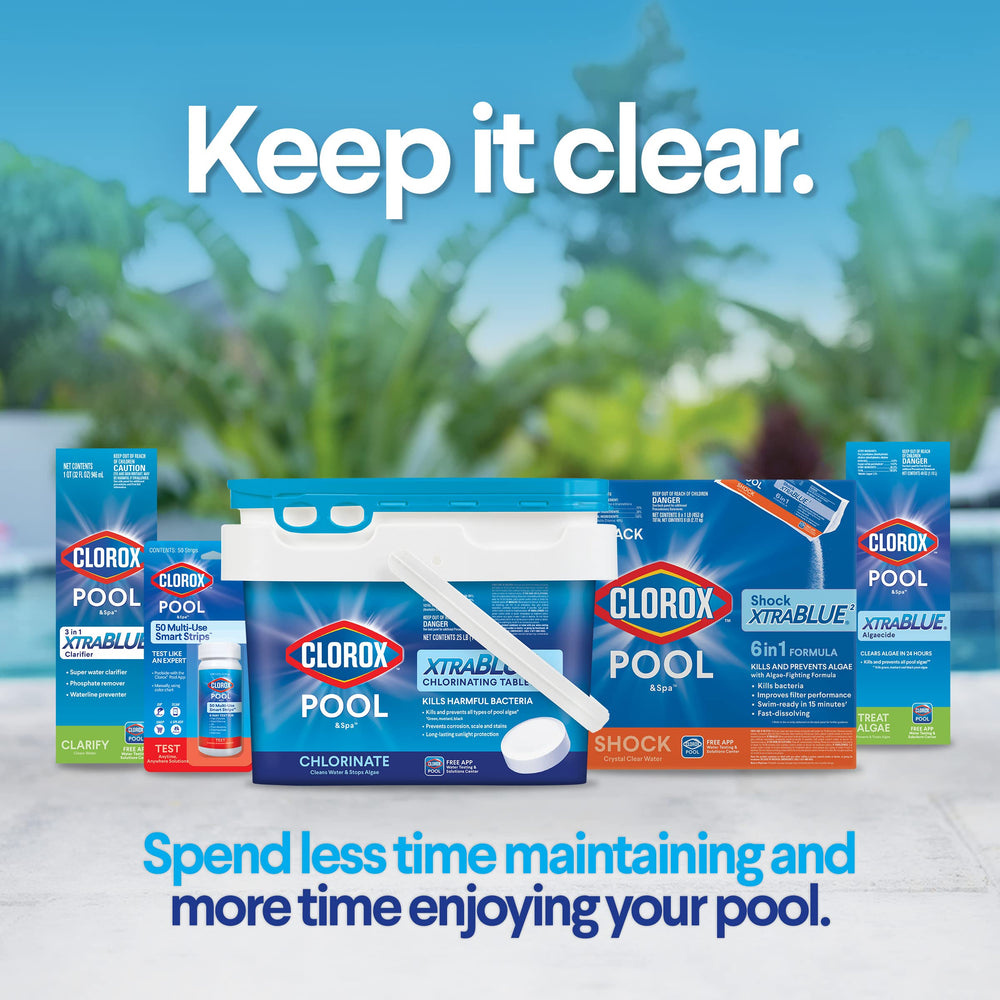 CLOROX Pool&Spa 6 lb tub next to hand for scale demonstrating compact, convenient size
