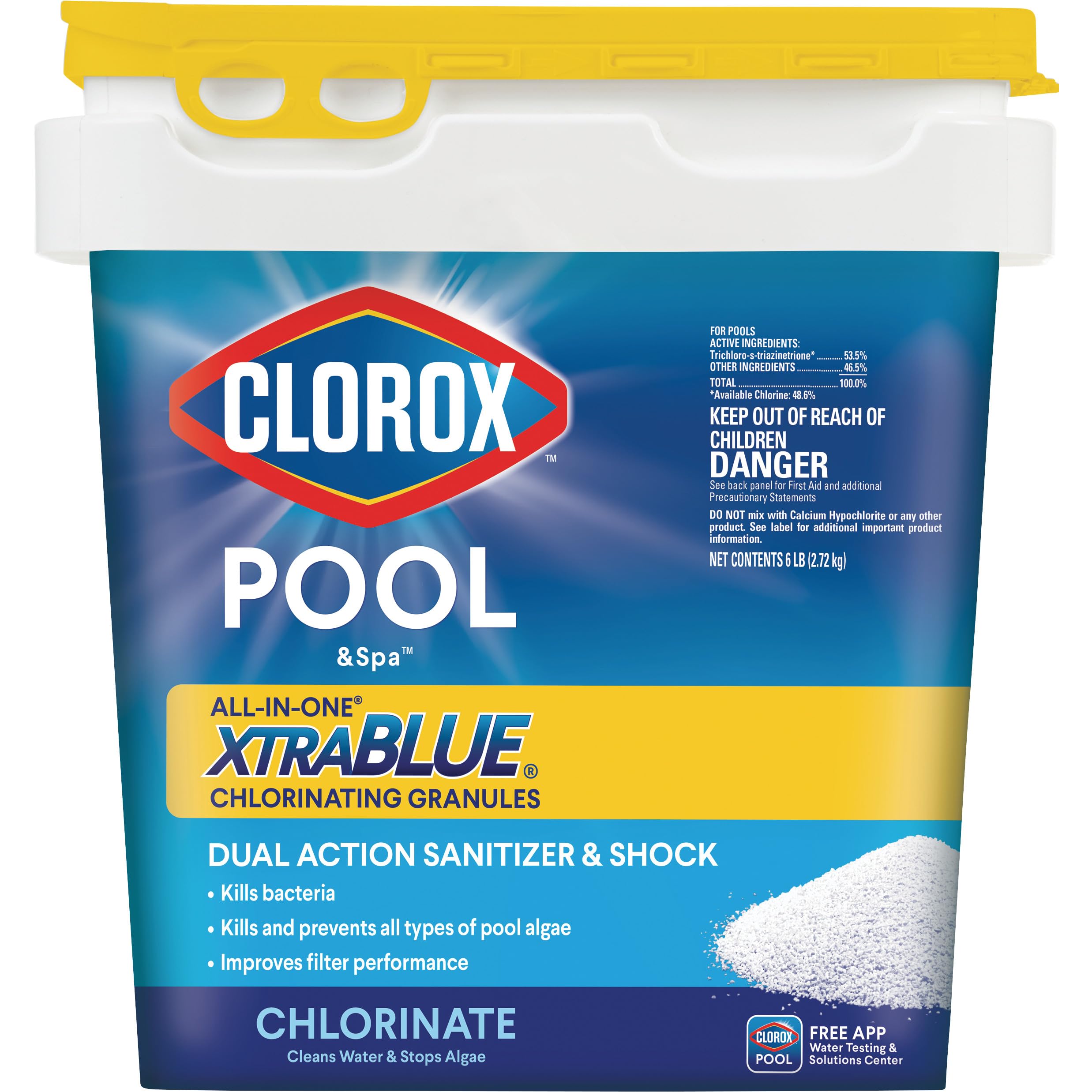 CLOROX Pool&Spa front packaging showing 6-pound tub and product branding, easy storage benefit