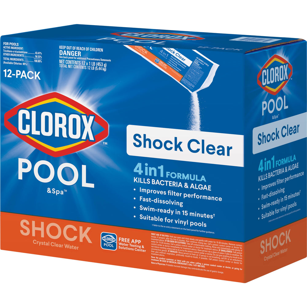 Clorox Pool&Spa empaque frontal mostrando paquete de 12 unidades y uso rápido