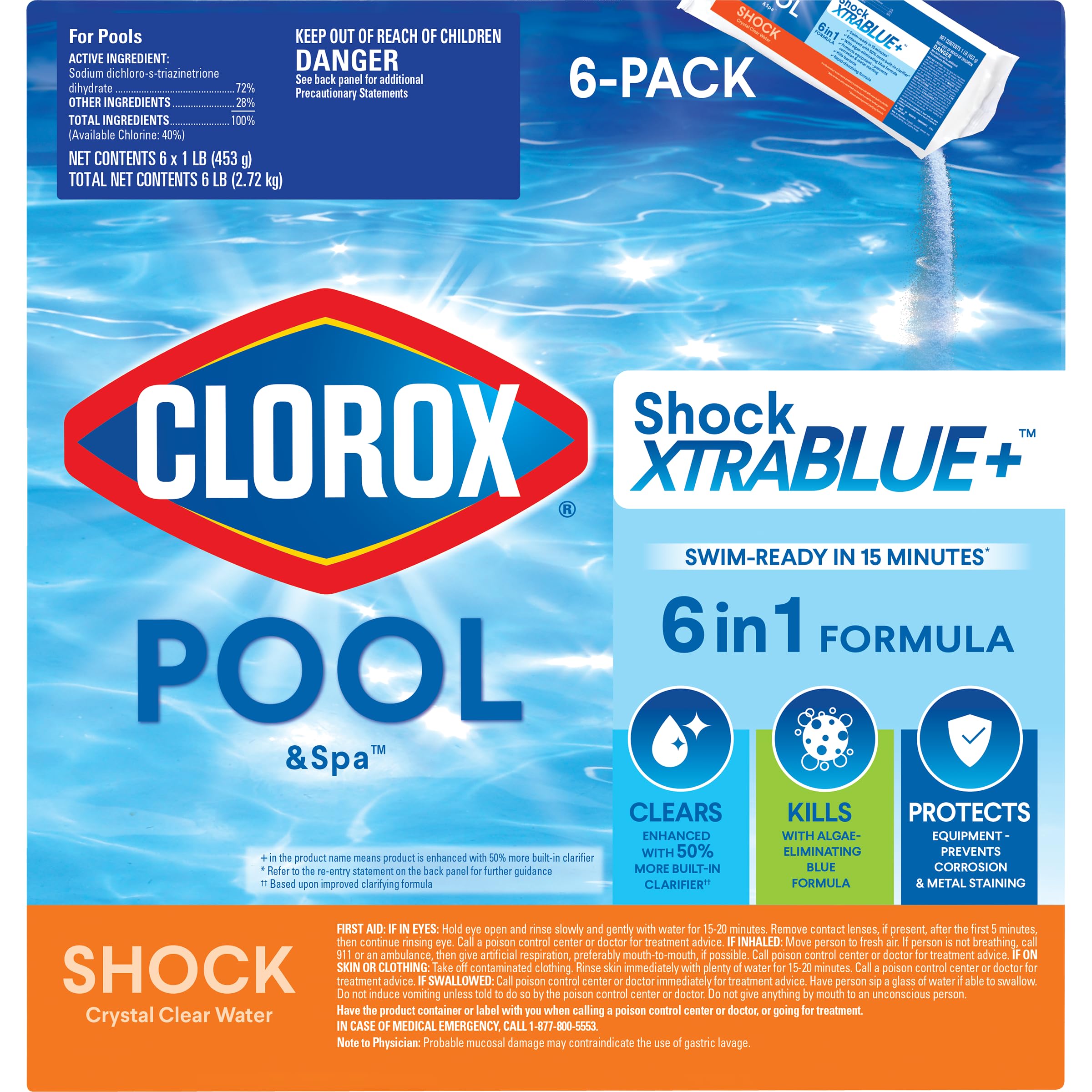 Clorox Pool&Spa paquete frontal mostrando seis sobres y ventaja rápida