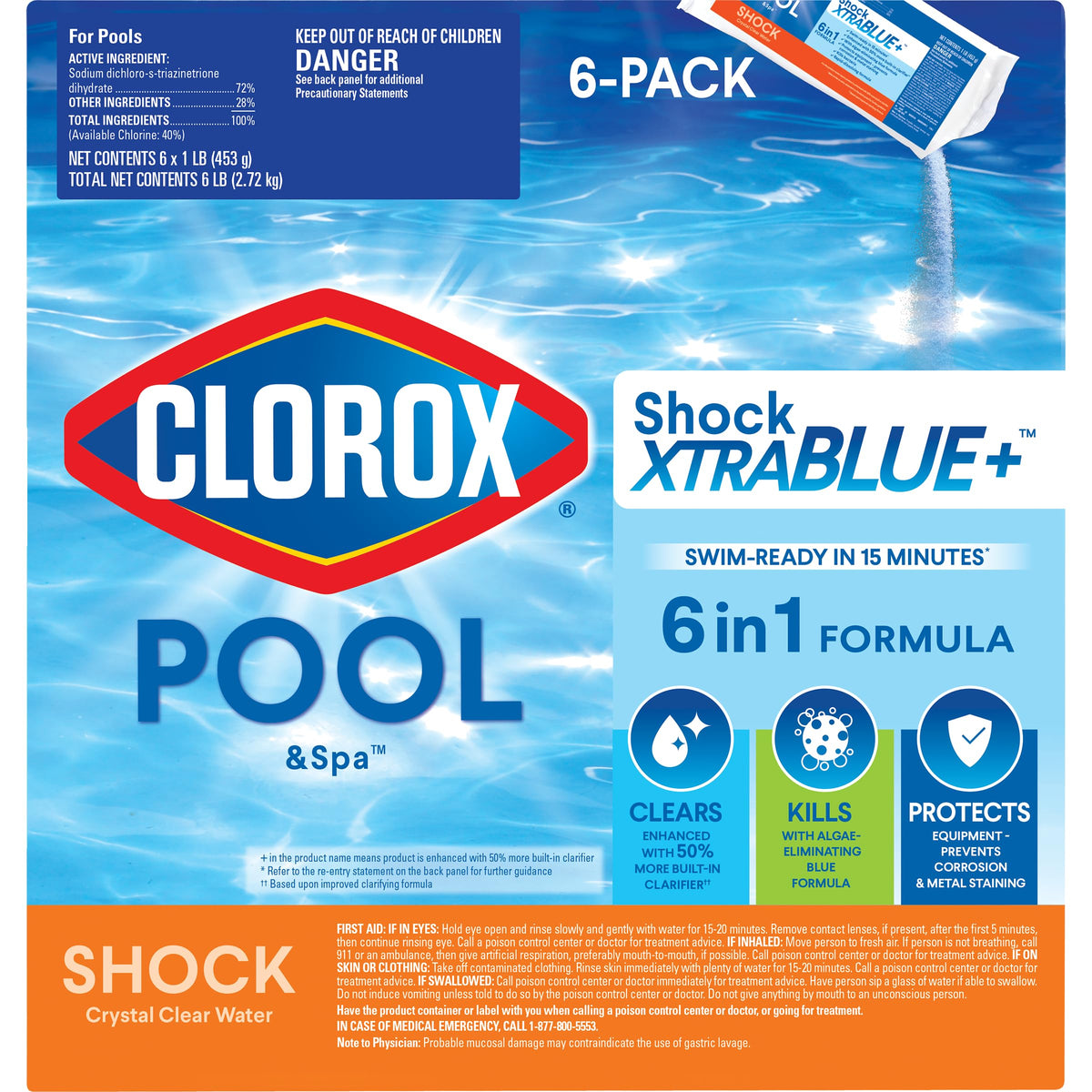Clorox Pool&Spa paquete frontal mostrando seis sobres y ventaja rápida