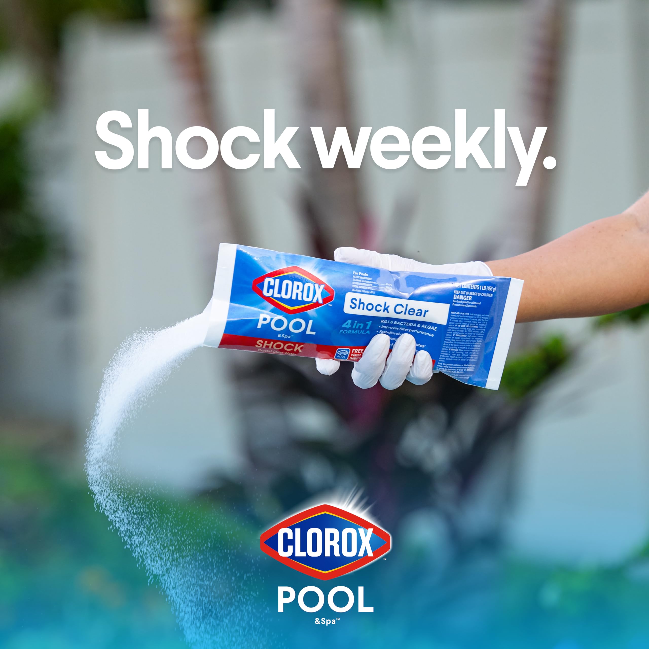 Clorox Pool&Spa measured dose being added to pool showing correct application benefit