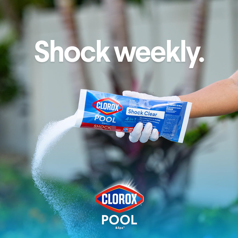 Clorox Pool&Spa measured dose being added to pool showing correct application benefit