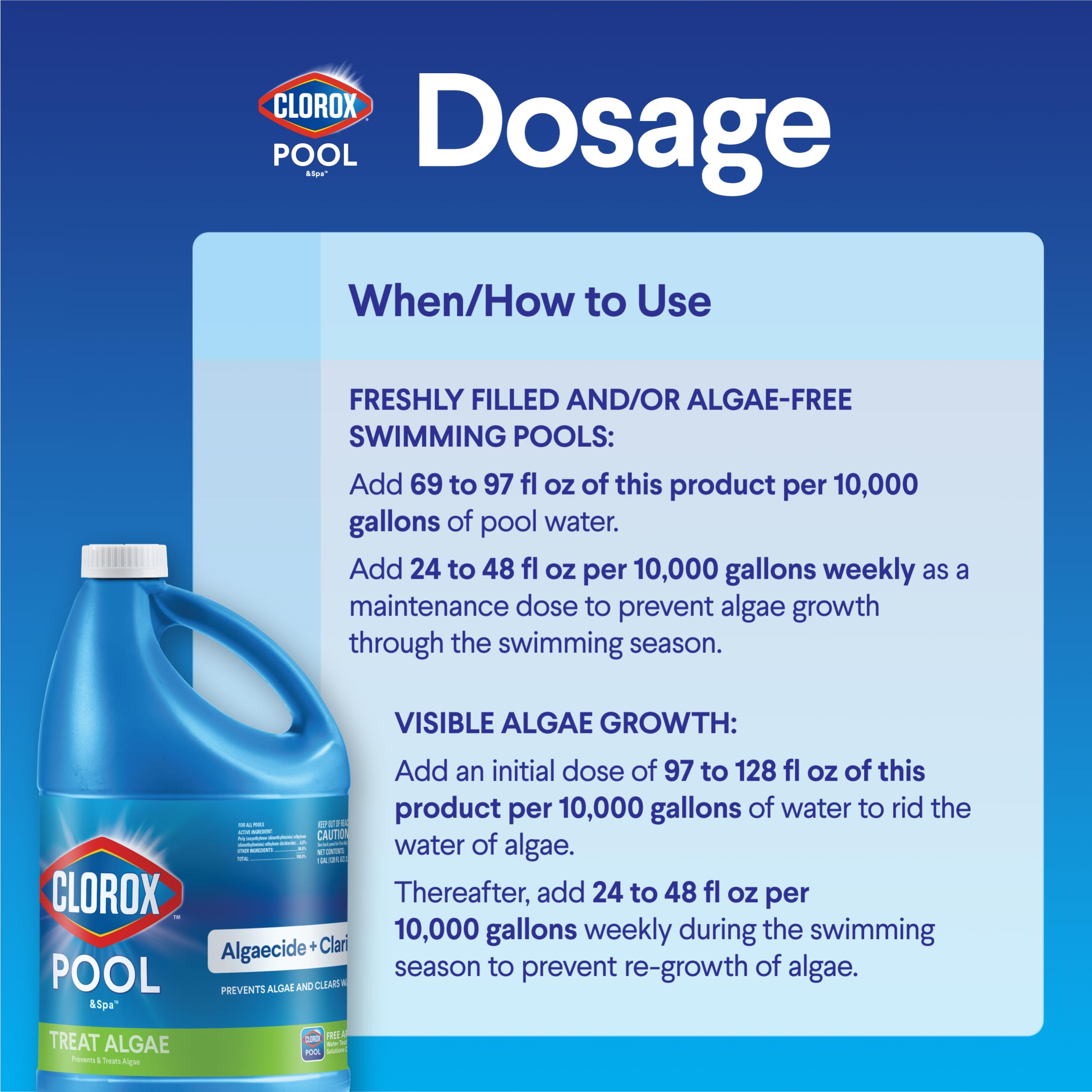 Clorox Pool&Spa textura líquida vertiéndose, fórmula concentrada para clarificar agua