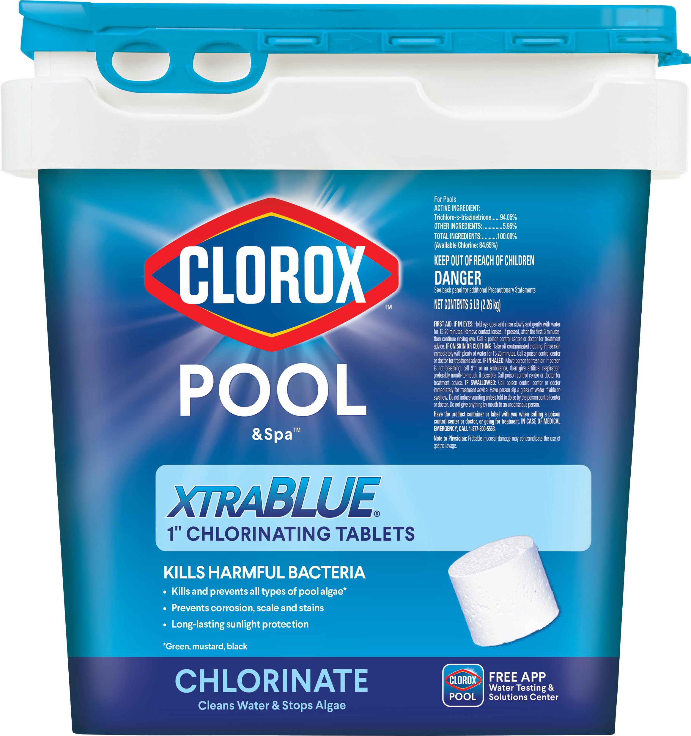 CLOROX Pool&Spa envase frontal de XtraBlue 5 lb mostrando diseño y cantidad