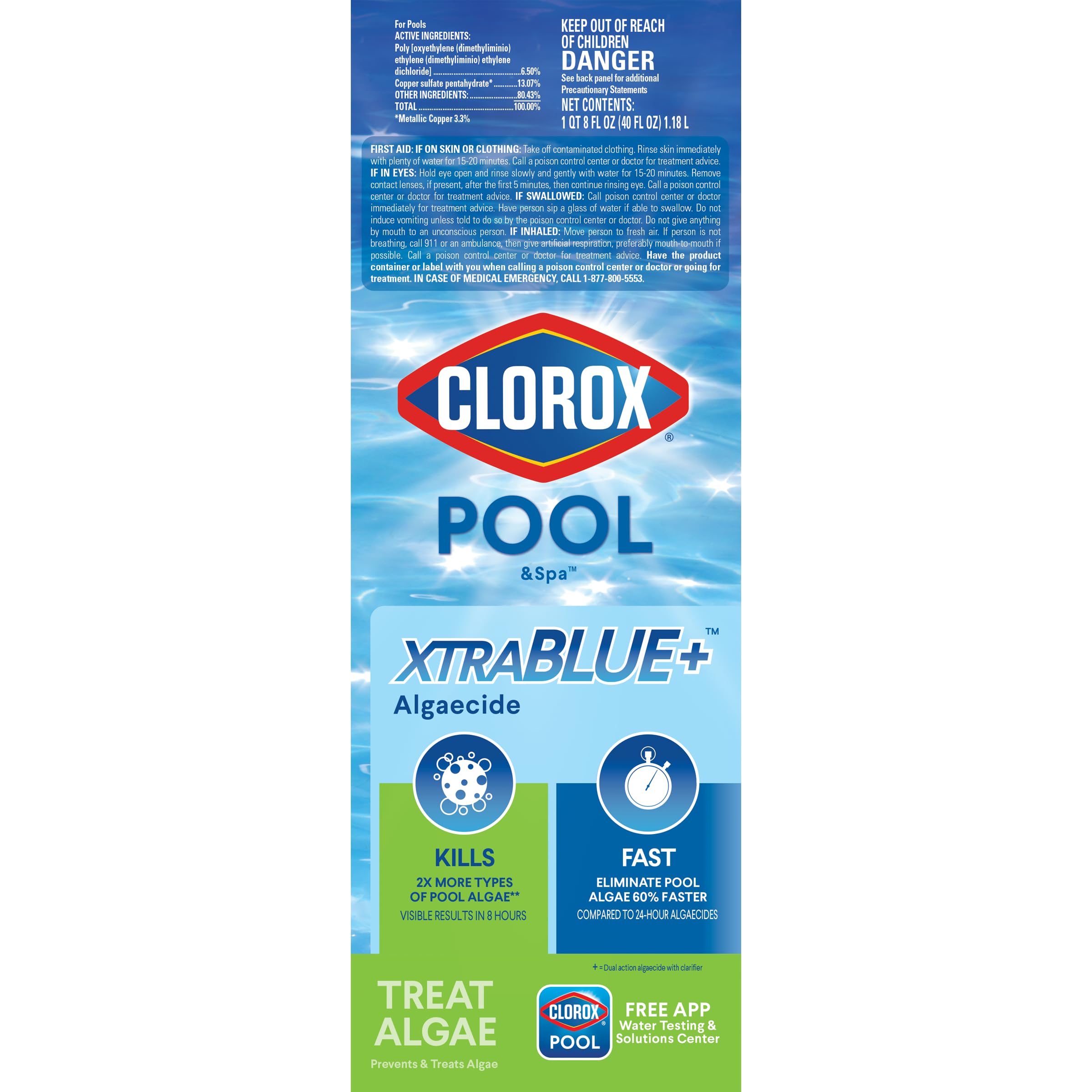 Clorox Pool&Spa envase frontal mostrando 40 onzas y beneficio acción rápida