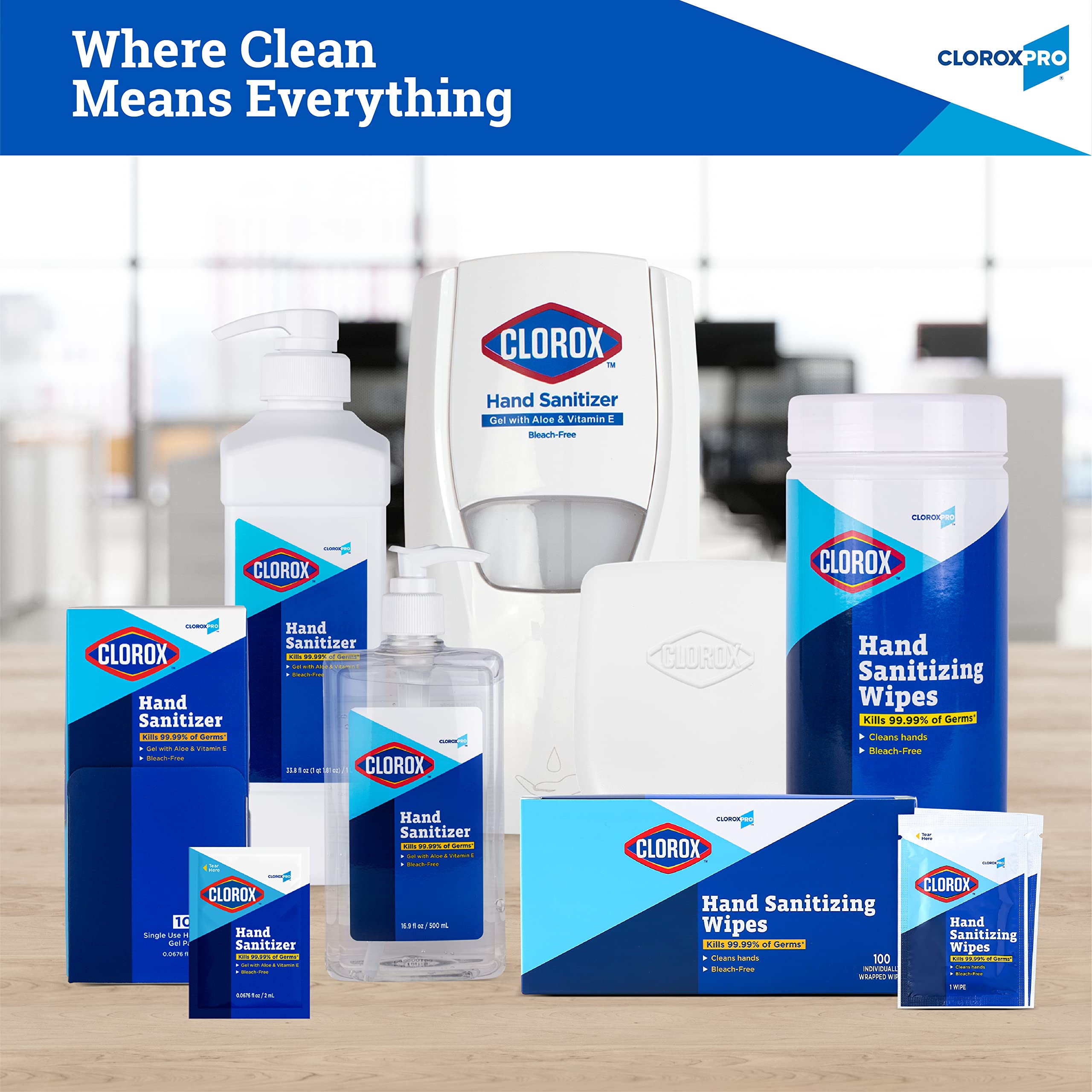 Clorox Pro canister junto a objetos para comparar tamaño y capacidad