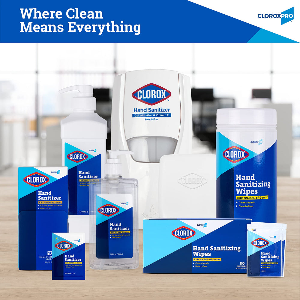 Clorox Pro canister junto a objetos para comparar tamaño y capacidad