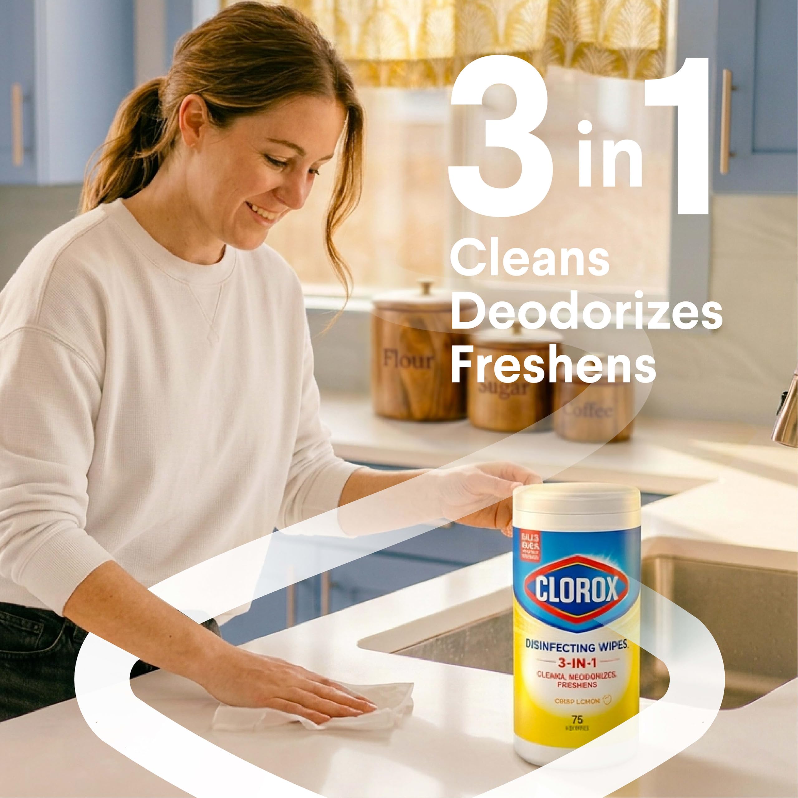 Clorox limpiando encimera de cocina mostrando seguridad en superficies selladas