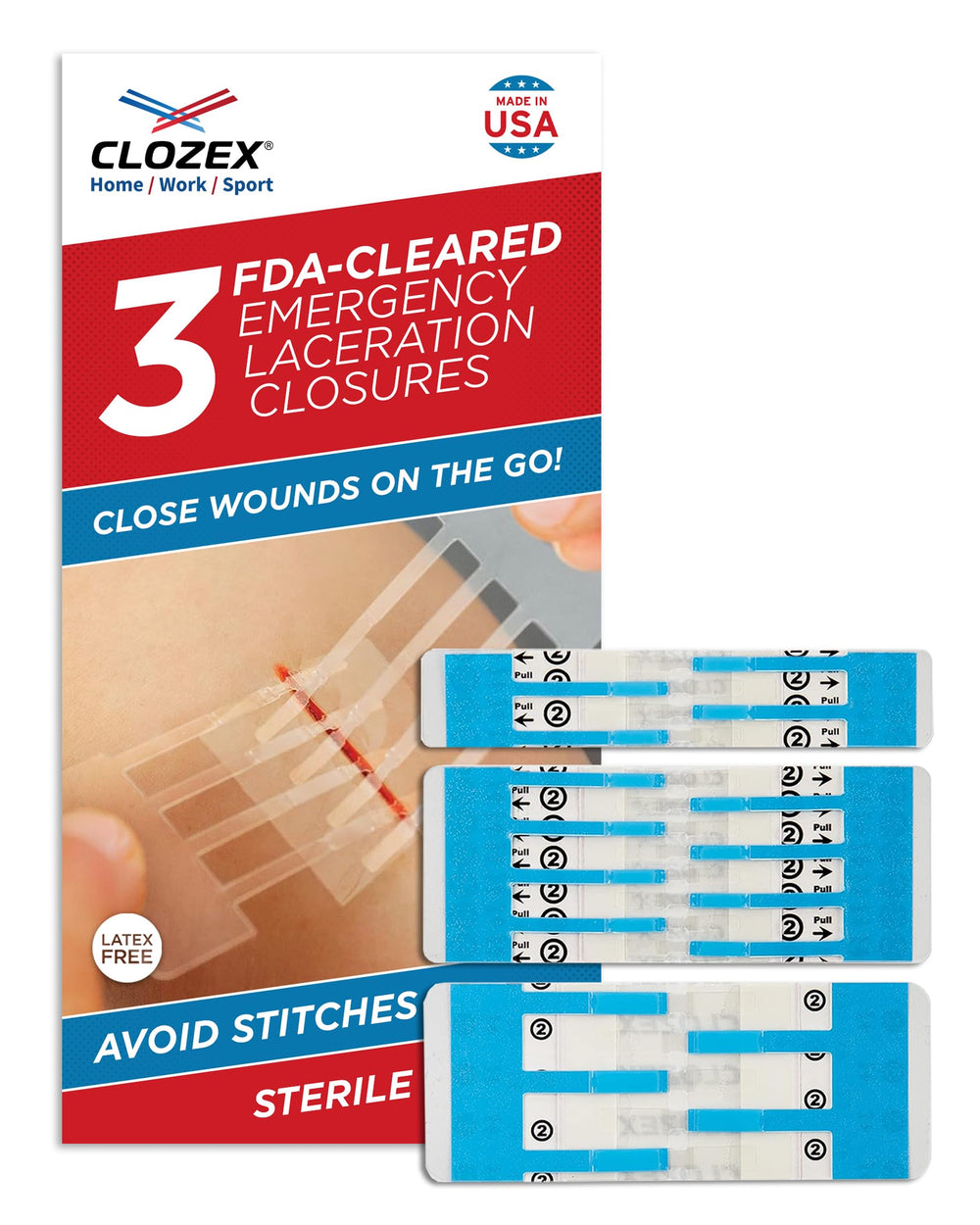 Clozex empaque frontal mostrando los tres cierres, listo para emergencias