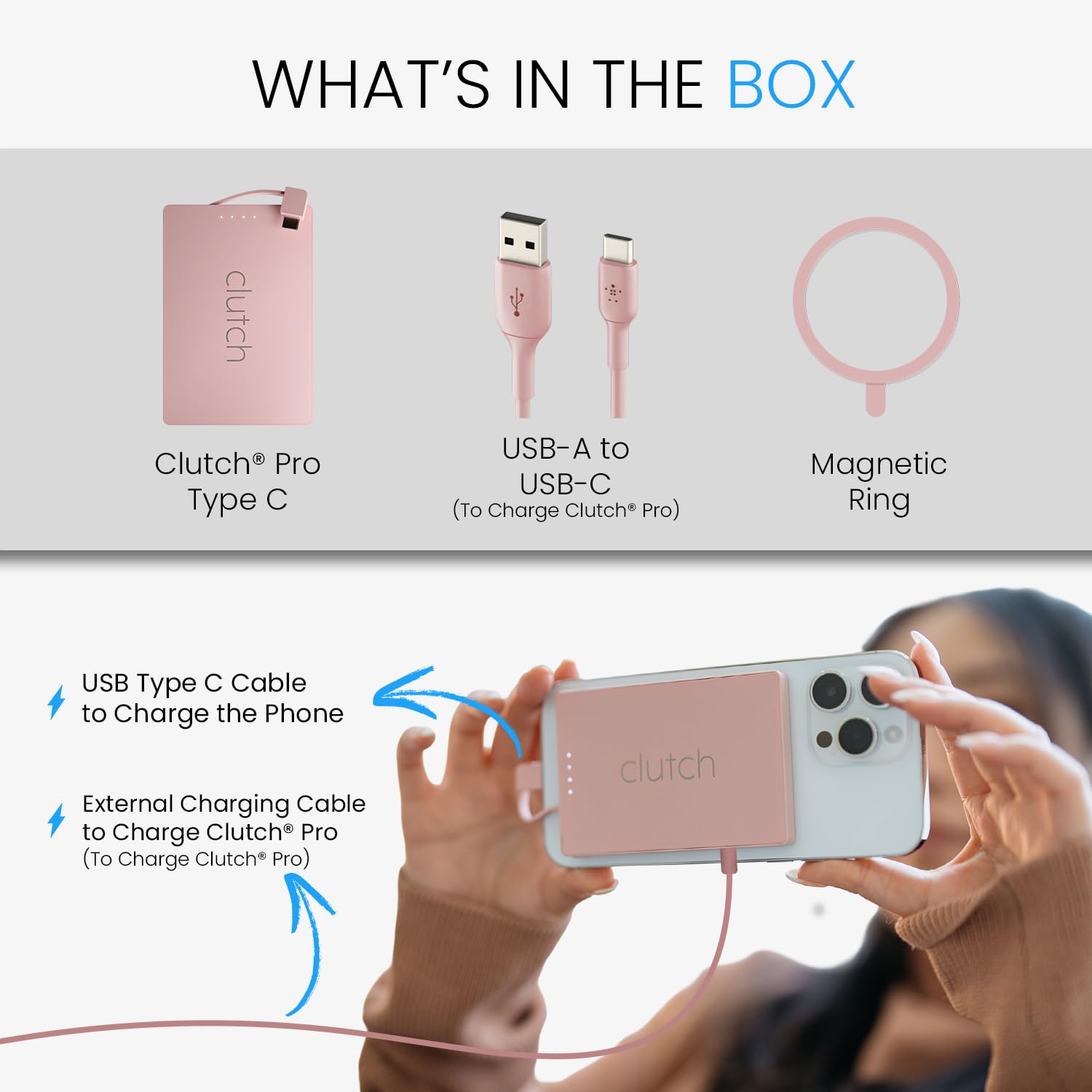 Clutch Pro con cable USB-C integrado ofreciendo carga inmediata