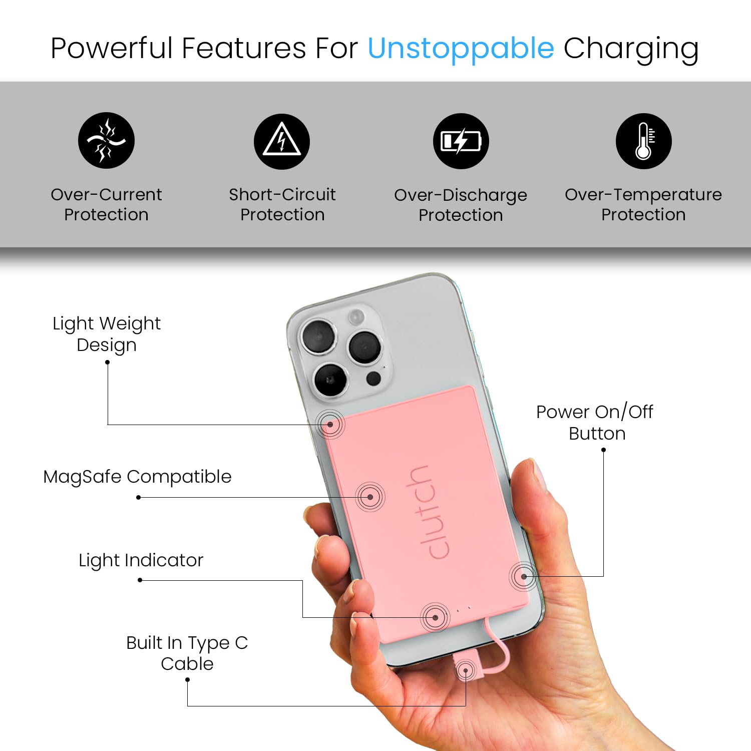 Clutch Pro magnetizado a iPhone mostrando carga segura sin cables