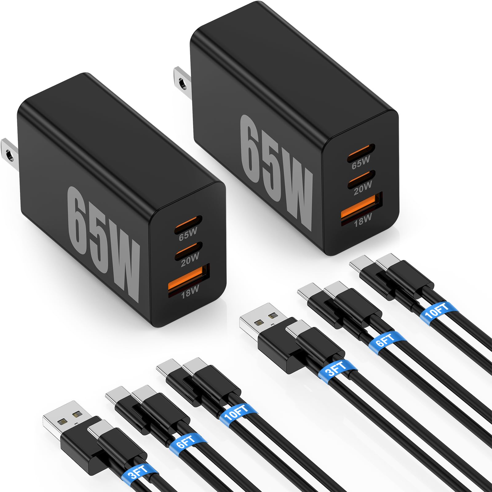 Cndons cargador 65W frontal mostrando tres puertos, carga rápida portátil
