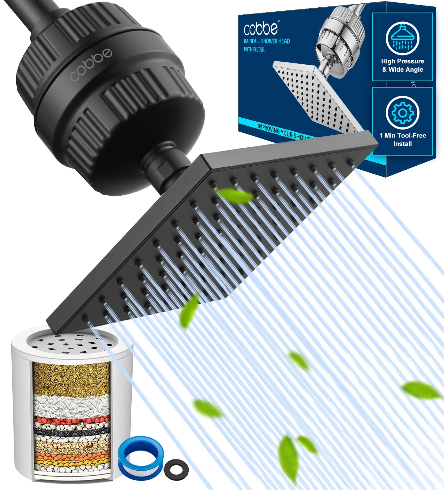 Cobbe alcachofa frontal mostrando diseño y salida de agua mejorada