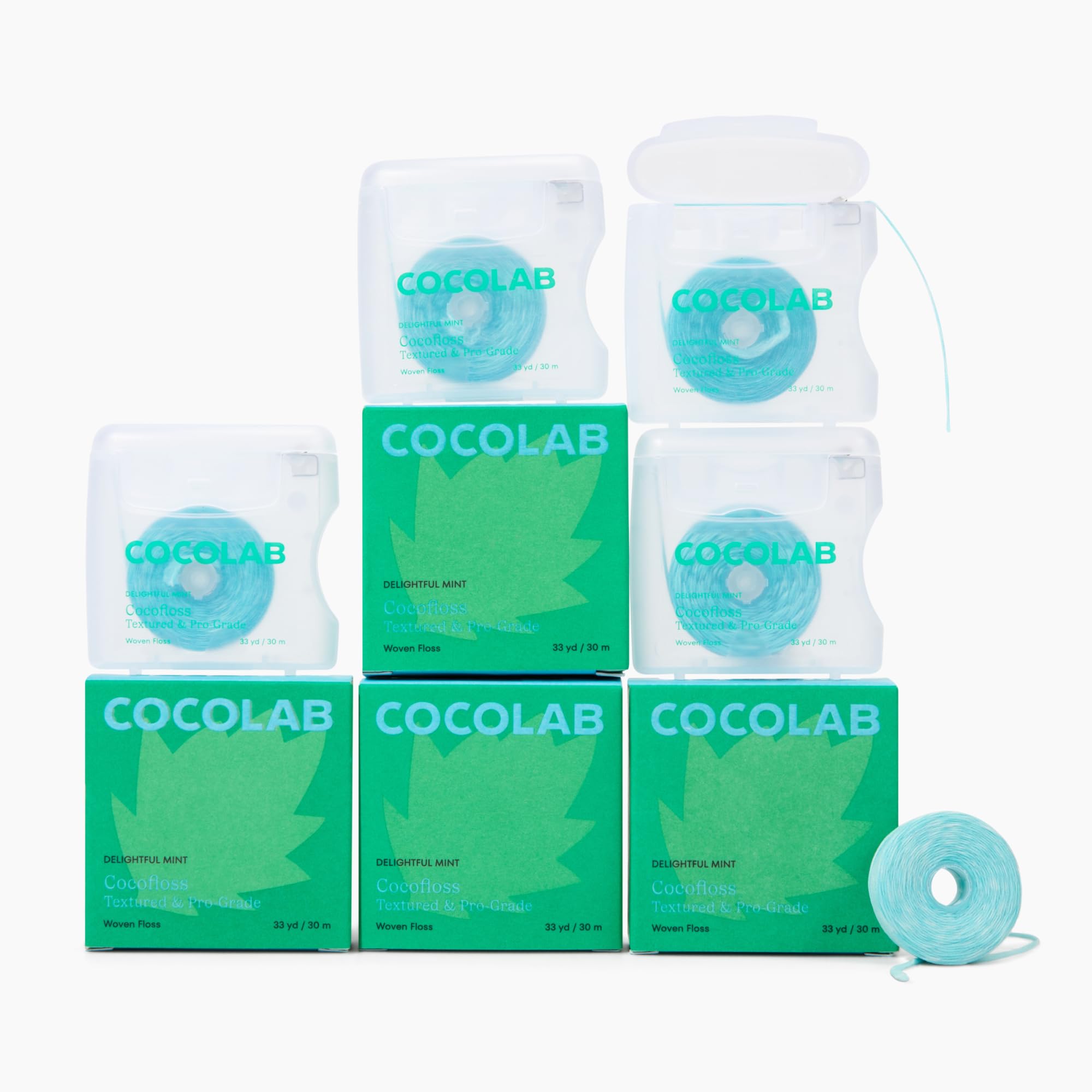 Cocofloss empaquetado frontal mostrando el pack de cuatro y frescura