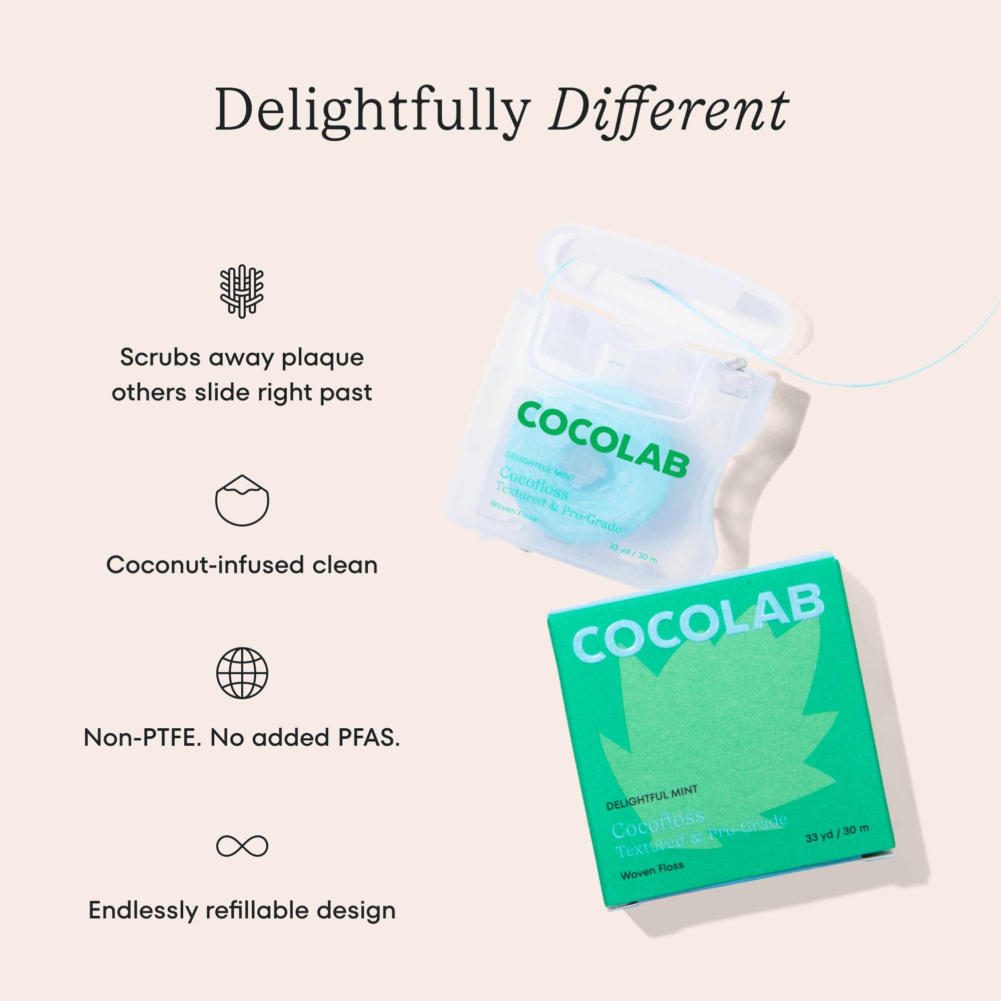Cocofloss detalle de textura tejida que mejora captura de placa