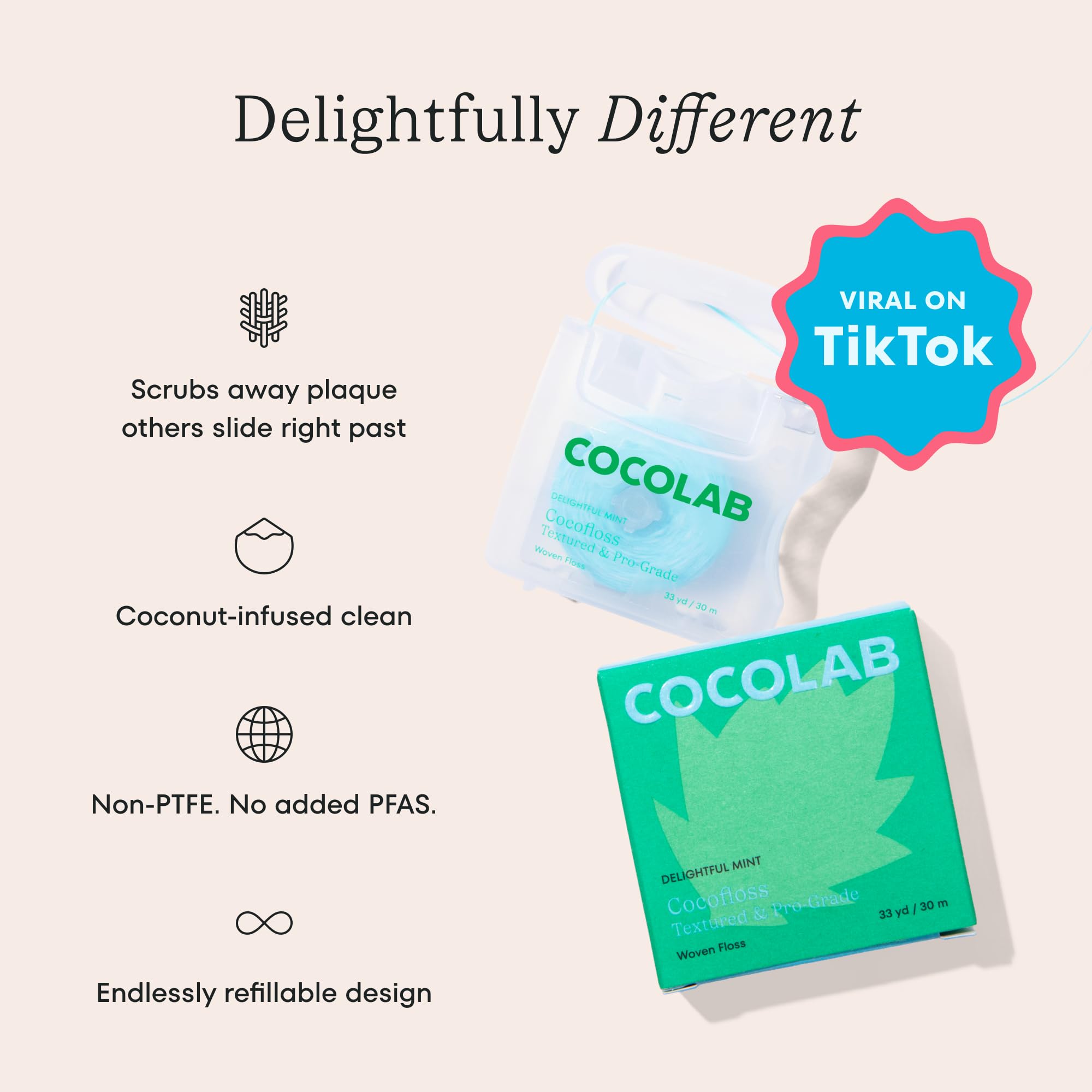 Cocolab Cocofloss hilo en uso entre dientes demostrando deslizamiento suave y confort