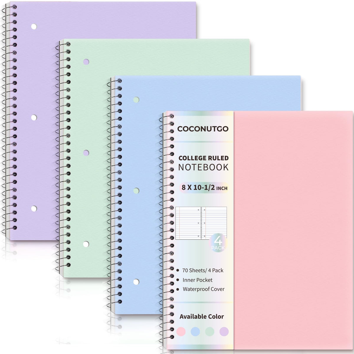 CoconutGo vista frontal del paquete de cuatro cuadernos, organización inmediata