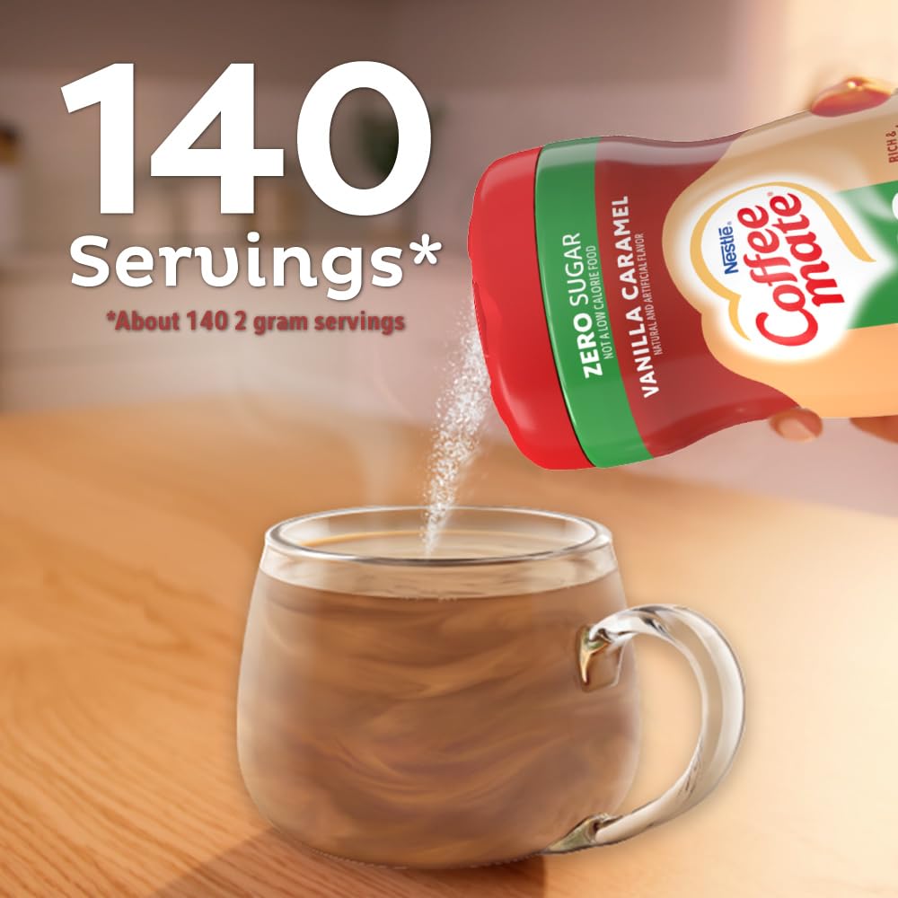 Coffee-mate comparación de tamaño junto a una mano para mostrar escala práctica