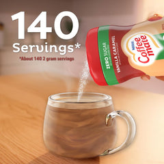 Coffee-mate comparación de tamaño junto a una mano para mostrar escala práctica