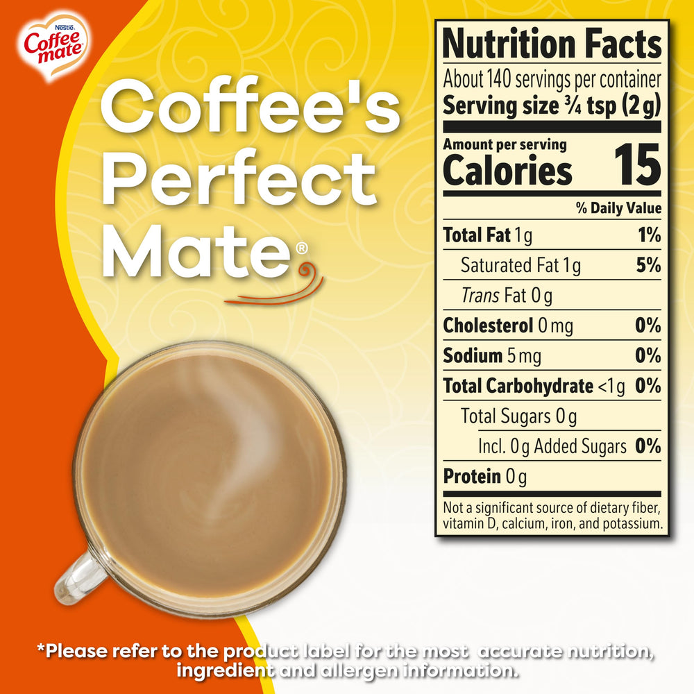 Coffee‑Mate envase junto a una regla para comparar tamaño y stock de seis unidades