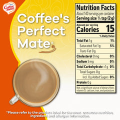 Coffee‑Mate envase junto a una regla para comparar tamaño y stock de seis unidades