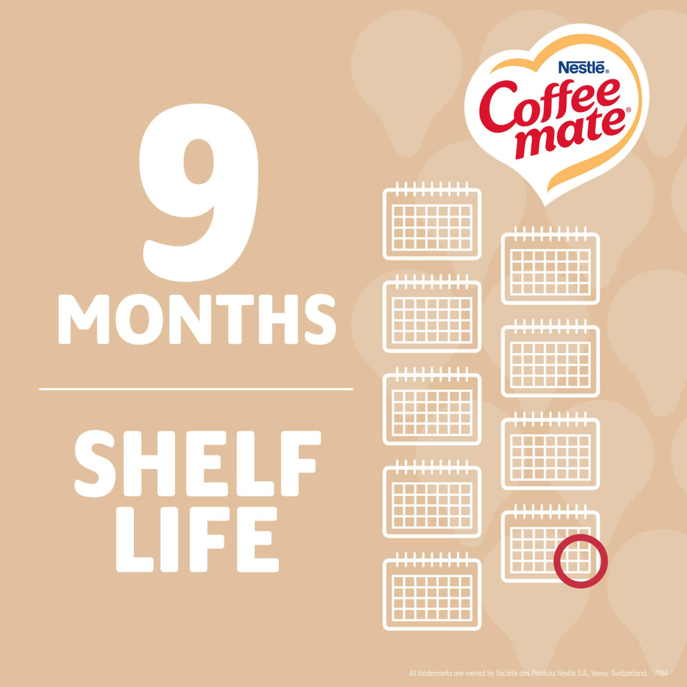 Coffee Mate tarrina junto a moneda comparación de tamaño y porción
