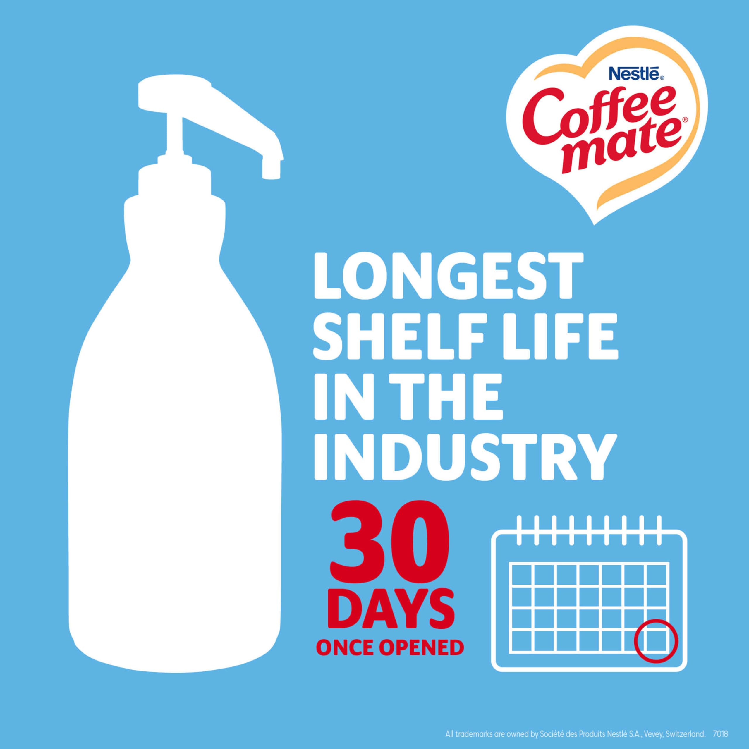 Coffee-mate 50.7 oz junto a taza para comparar tamaño y rendimiento