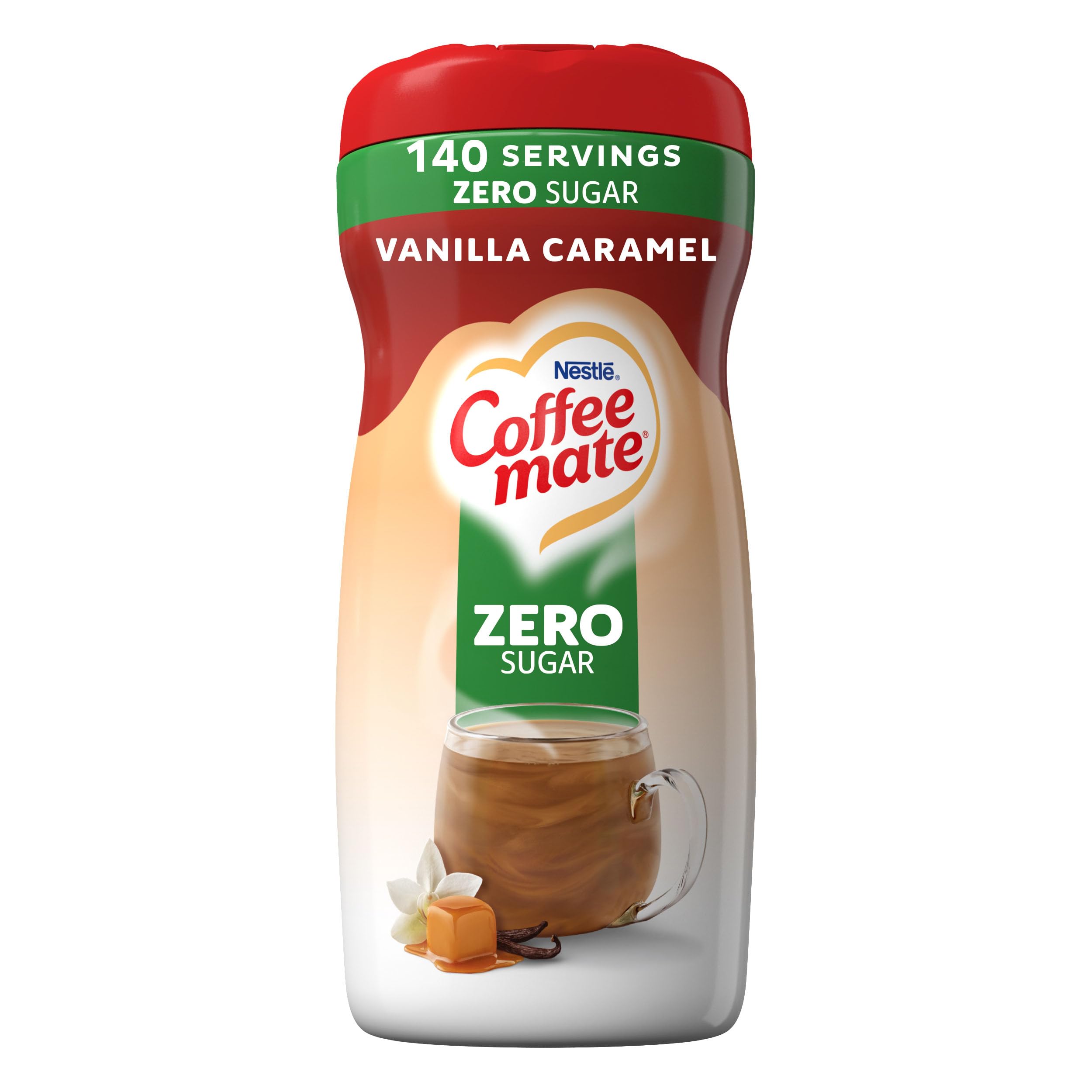 Coffee-mate envase frontal Vanilla Caramel presentando etiqueta clara y atractivo visual