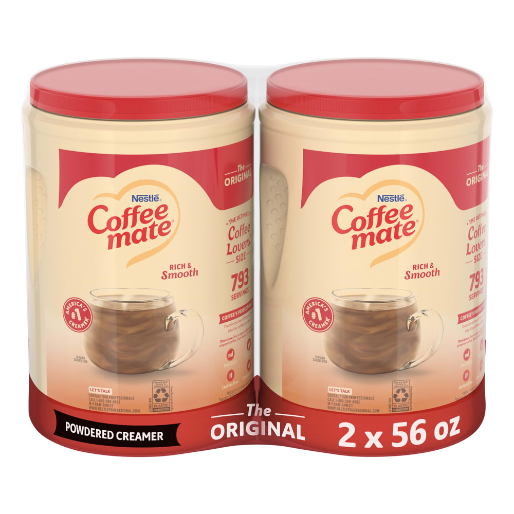 Coffee Mate envase frontal mostrando tamaño y diseño, ideal para suministros