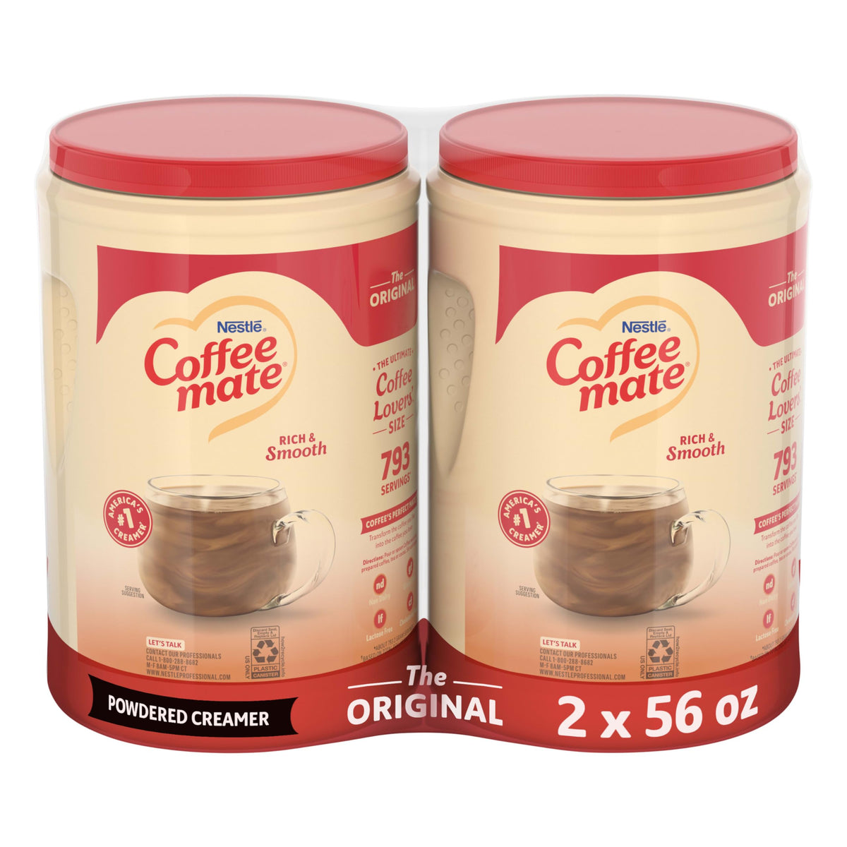 Coffee Mate envase frontal mostrando tamaño y diseño, ideal para suministros