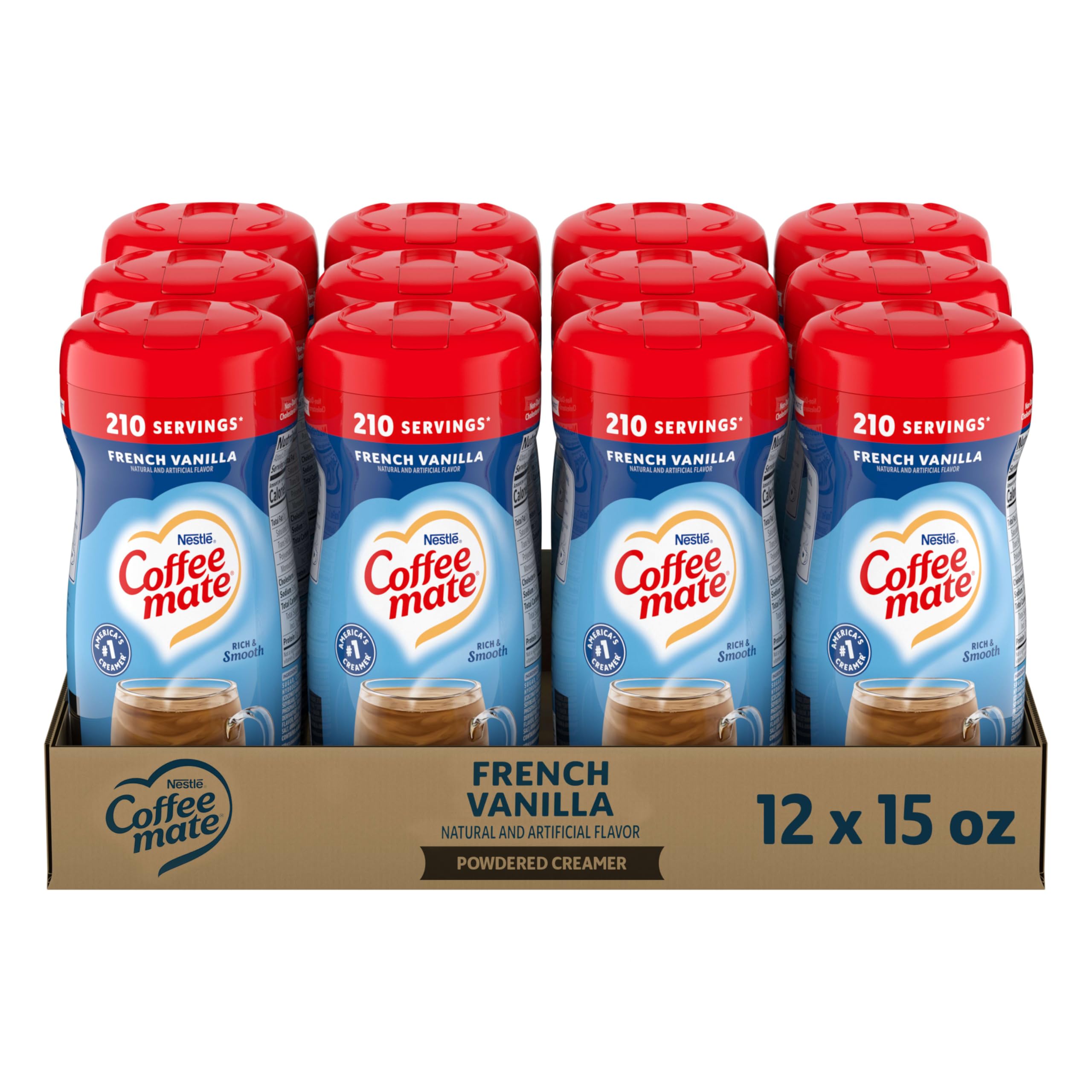 Coffee Mate frente del envase mostrando la etiqueta y sabor French Vanilla, práctico y reconocible