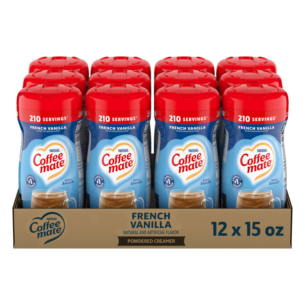 Coffee Mate frente del envase mostrando la etiqueta y sabor French Vanilla, práctico y reconocible