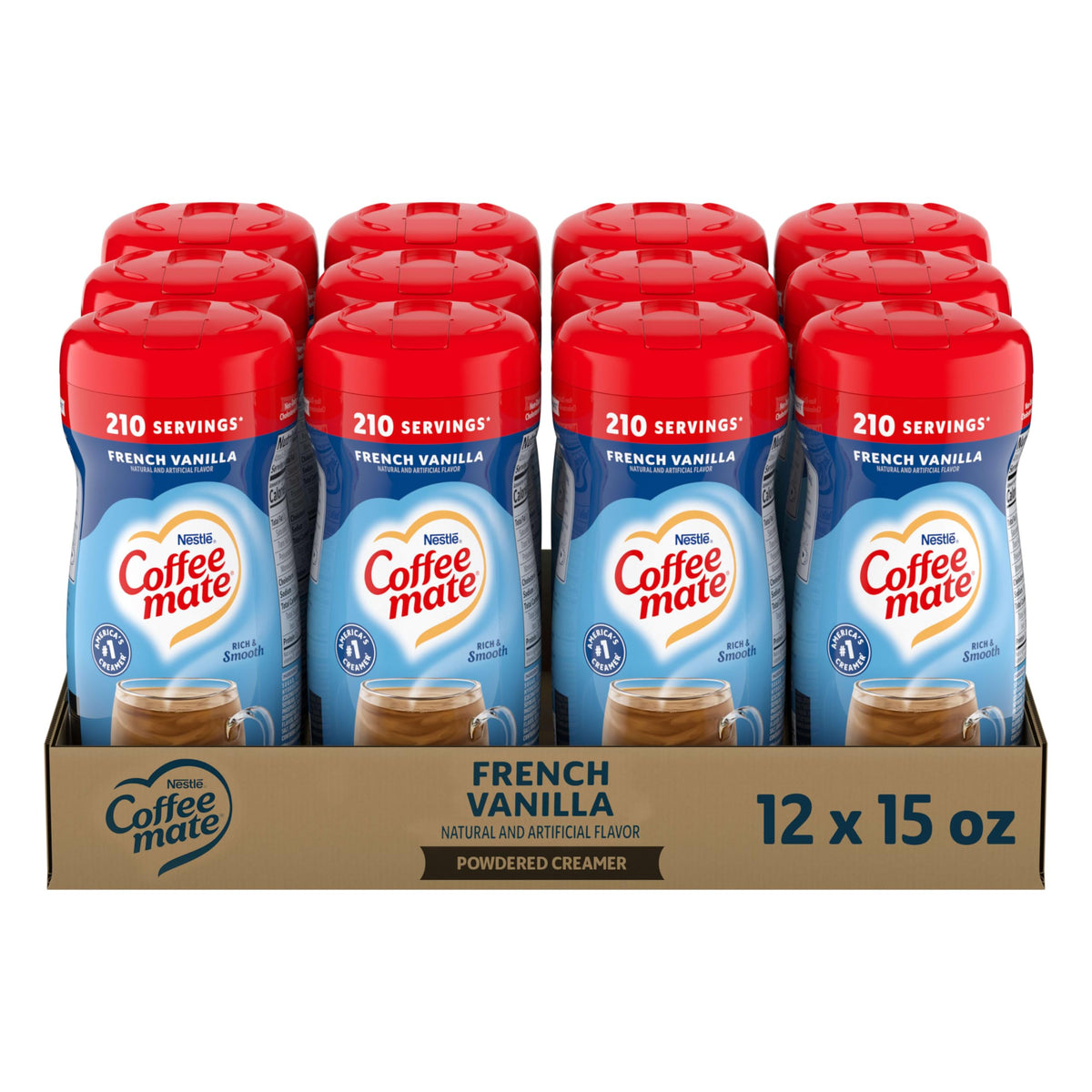 Coffee Mate frente del envase mostrando la etiqueta y sabor French Vanilla, práctico y reconocible