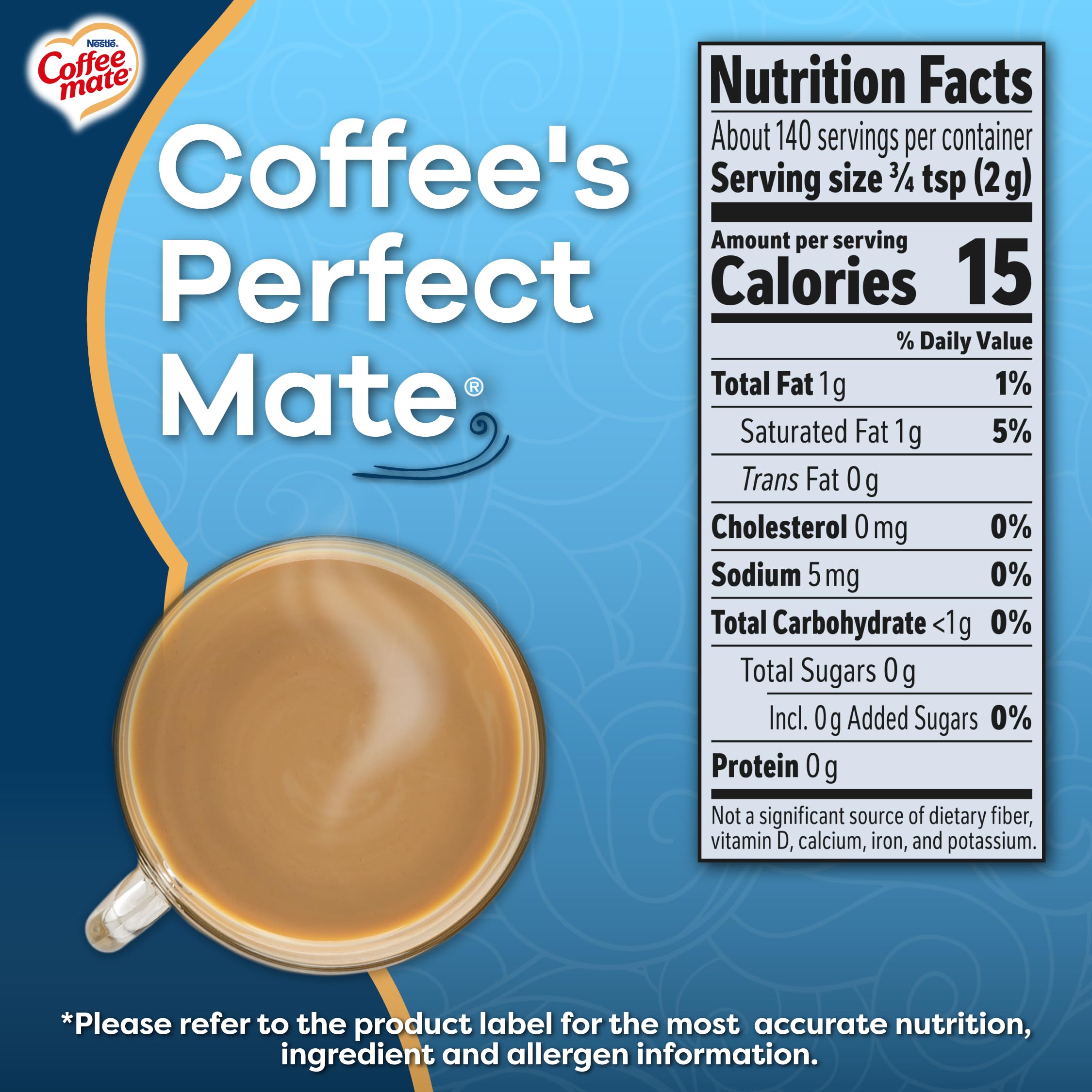 Coffee-mate French Vanilla label and nutrition panel highlighting sugar-free benefit