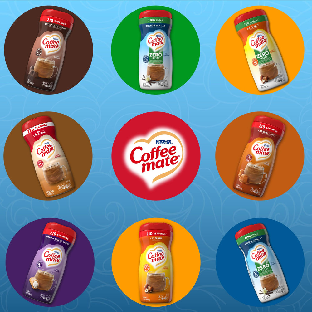 Hand holding Coffee-mate bottle to show 10.2 oz size and travel-friendly portioning