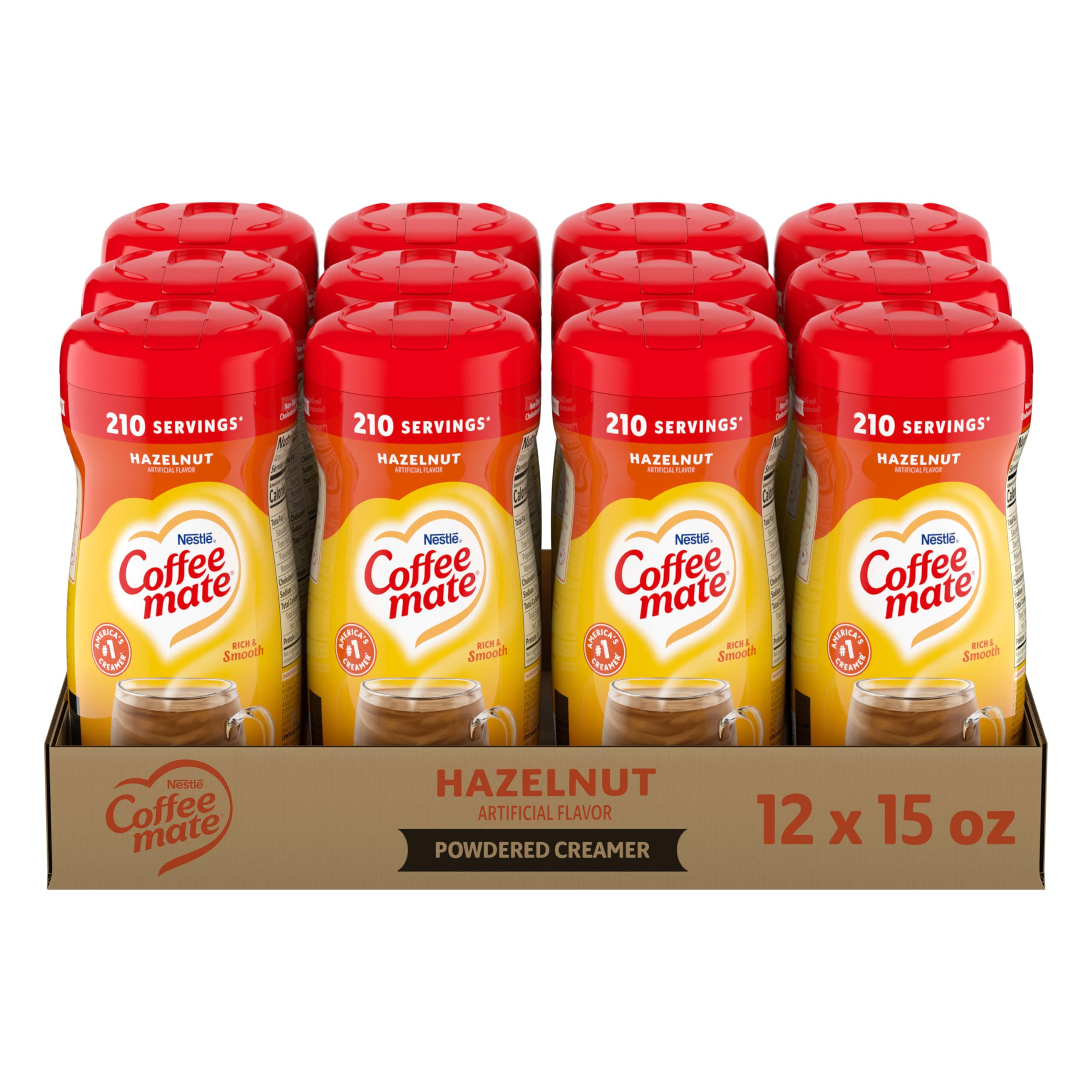 Coffee Mate lata frente mostrando sabor avellana y conveniencia