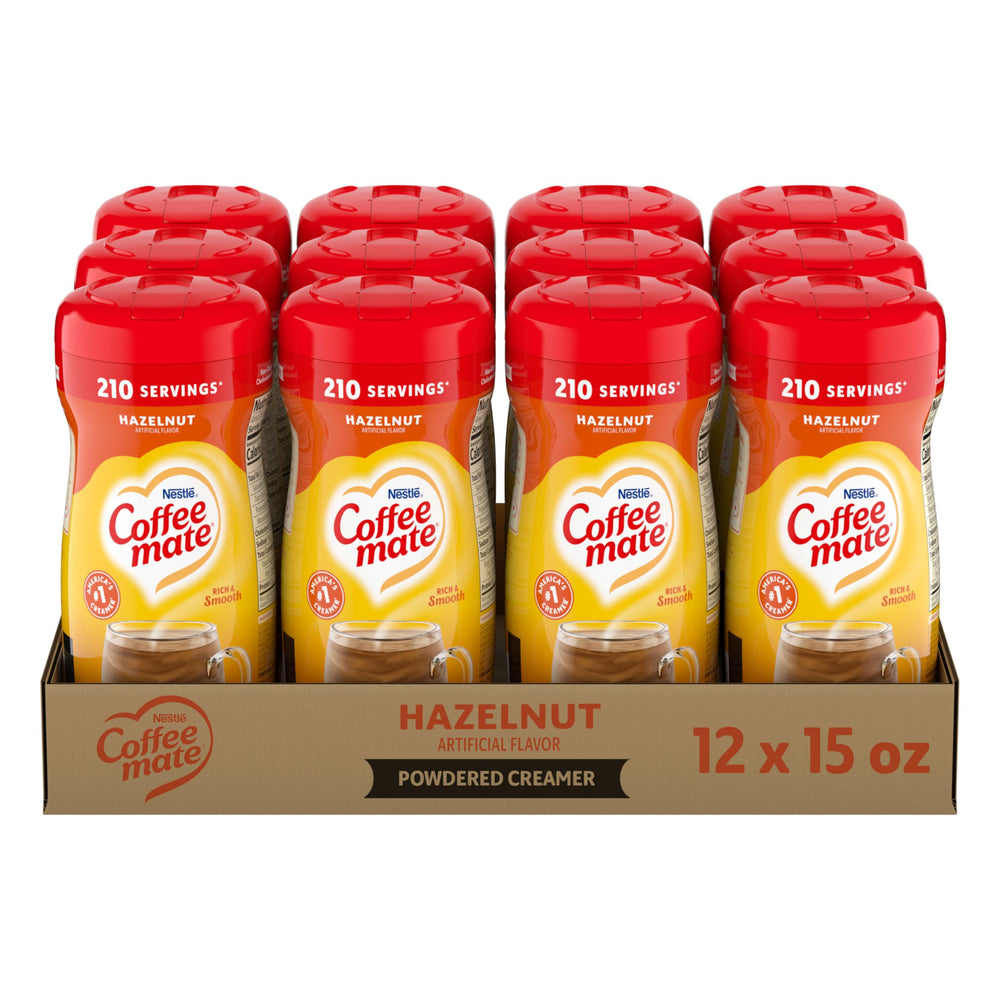 Coffee Mate lata frente mostrando sabor avellana y conveniencia