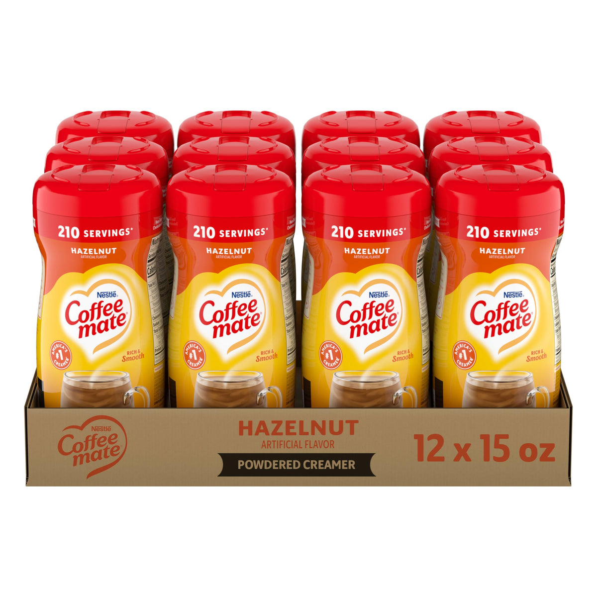 Coffee Mate lata frente mostrando sabor avellana y conveniencia