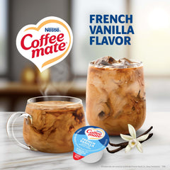 Coffee mate primer plano de tarrina individual de French Vanilla que muestra sello y formato práctico