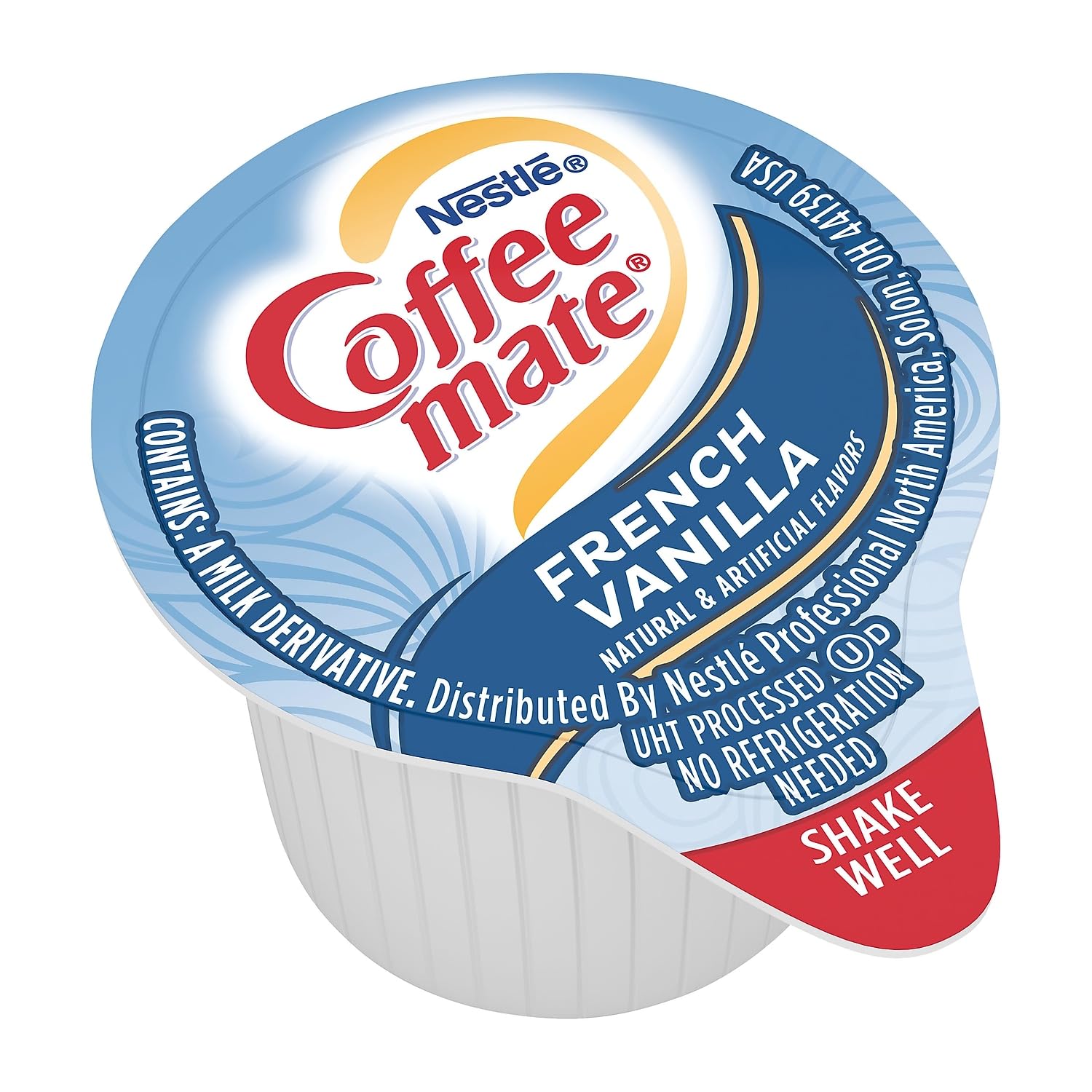 Coffee mate tarrina vertiéndose en café caliente, añade vainilla y cremosidad instantánea