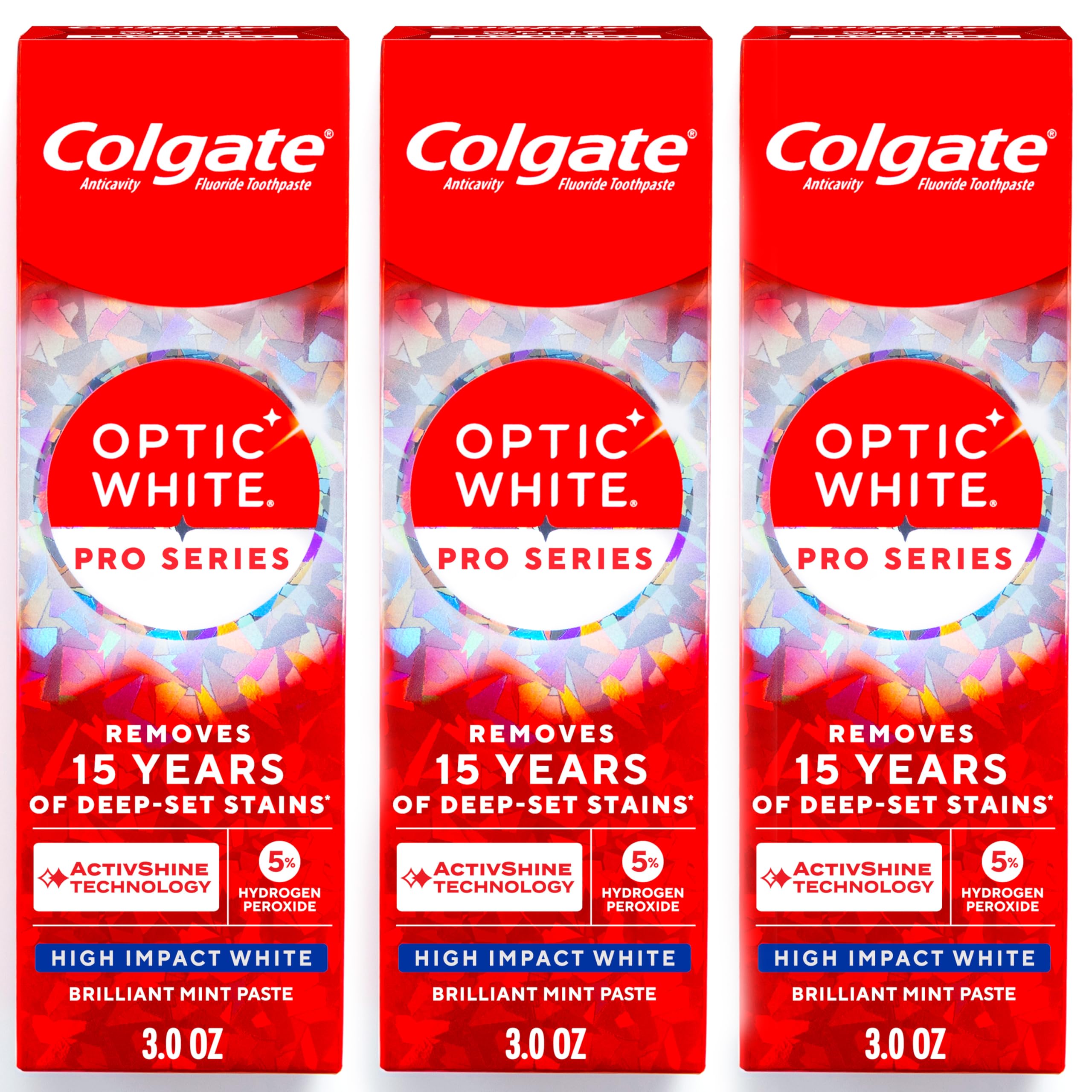 Colgate Optic White vista frontal del paquete mostrando beneficio blanqueador