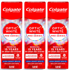Colgate Optic White vista frontal del paquete mostrando beneficio blanqueador
