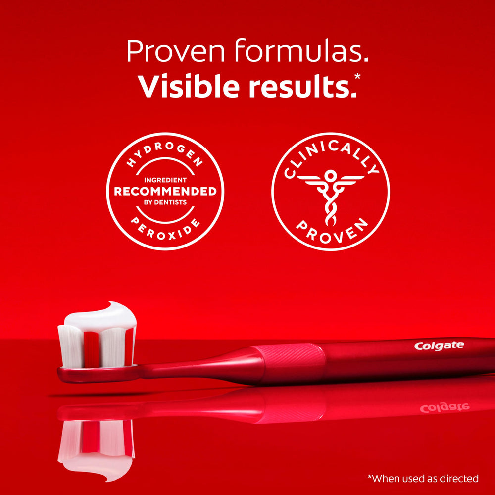 Tres tubos Colgate Optic White juntos ilustrando el contenido del pack