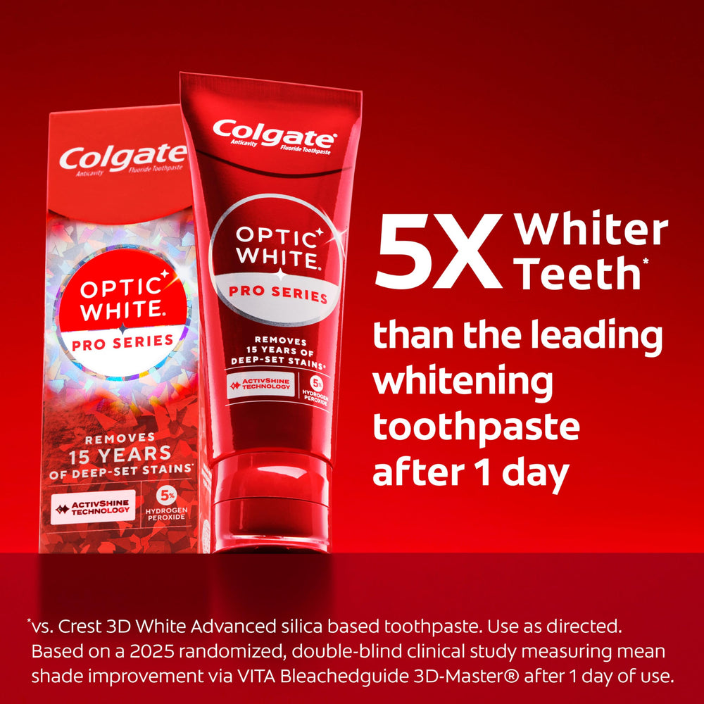 Colgate Optic White primer plano del tubo destacando dosificación y diseño