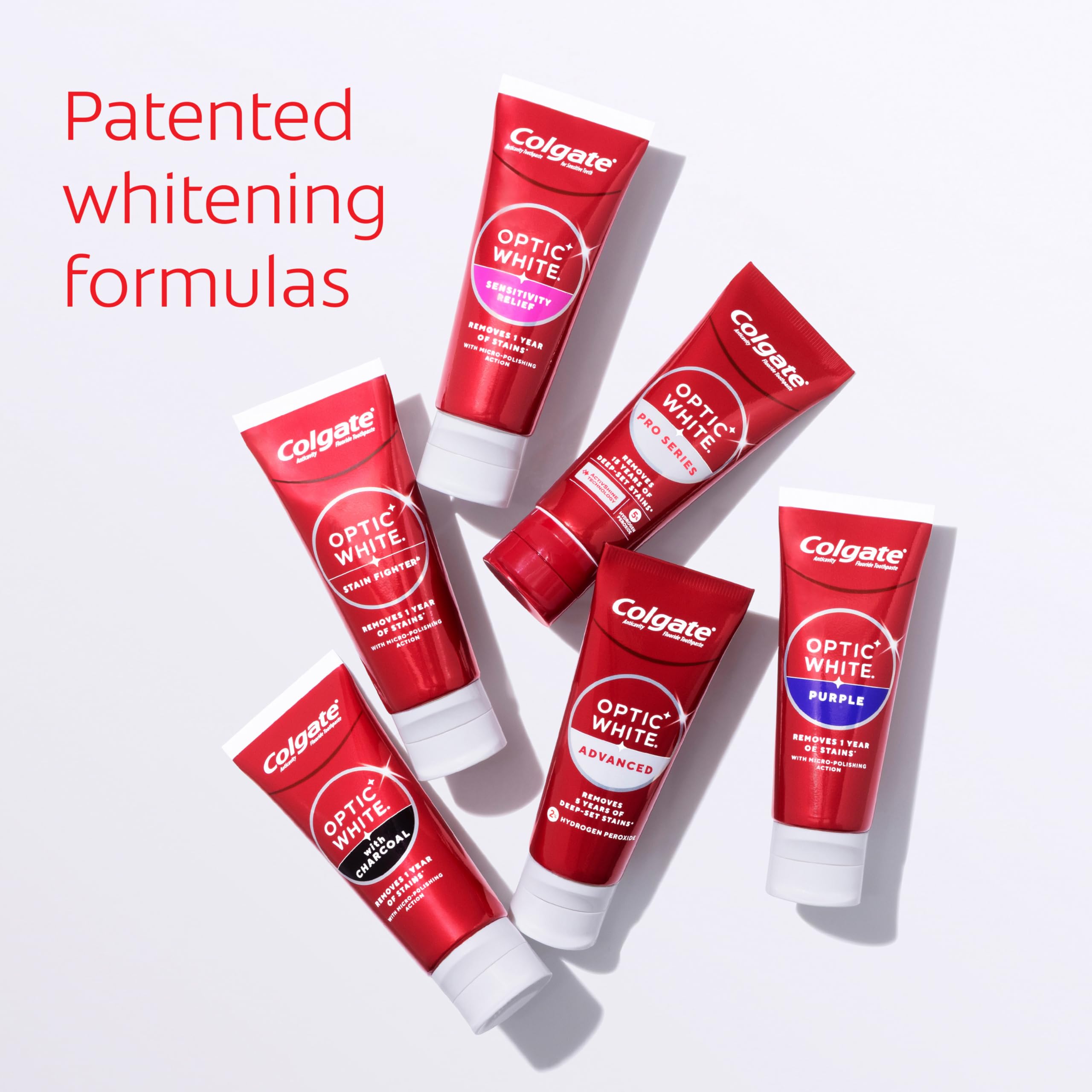Colgate Optic White junto a un objeto para comparar tamaño del tubo