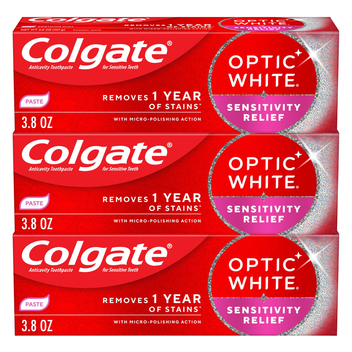 Colgate Optic White frontal del empaque mostrando el pack triple y beneficios