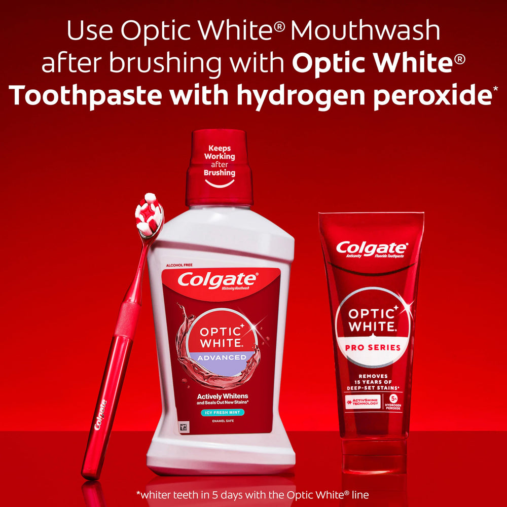 Primer plano de la lista de ingredientes Colgate Optic White indicando peróxido activo
