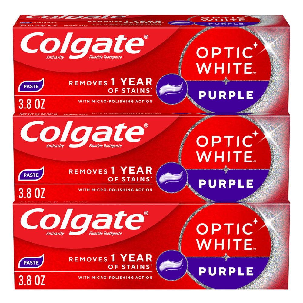 Colgate Optic White Purple frente del empaque mostrando pack triple y beneficio blanqueador